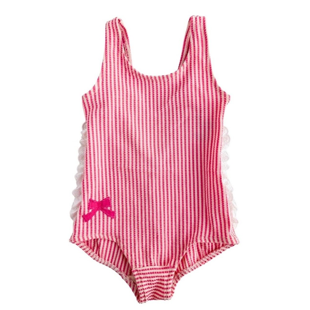 Vtg Florence Eiseman Baby Girl Pink White Stripe Bow Romper Swimsuit USA